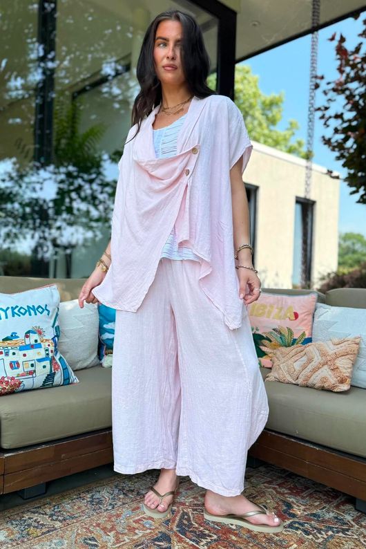Sandbar Linen Blend Drape Front Cap Sleeve Gilet Rosewater